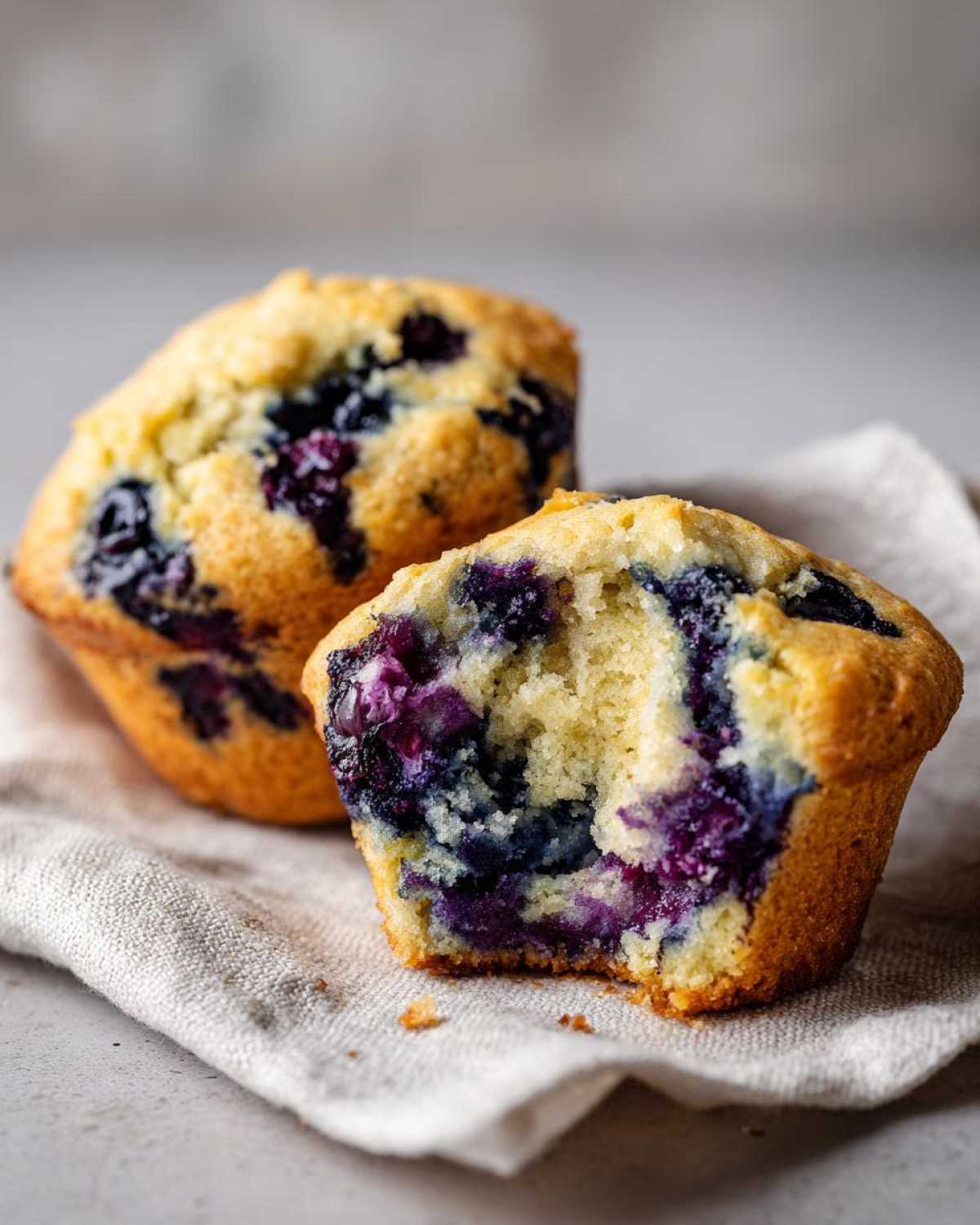 Close-up of two vegan blueberry muffins, one with a bite taken out, revealing juicy blueberries and fluffy interior.