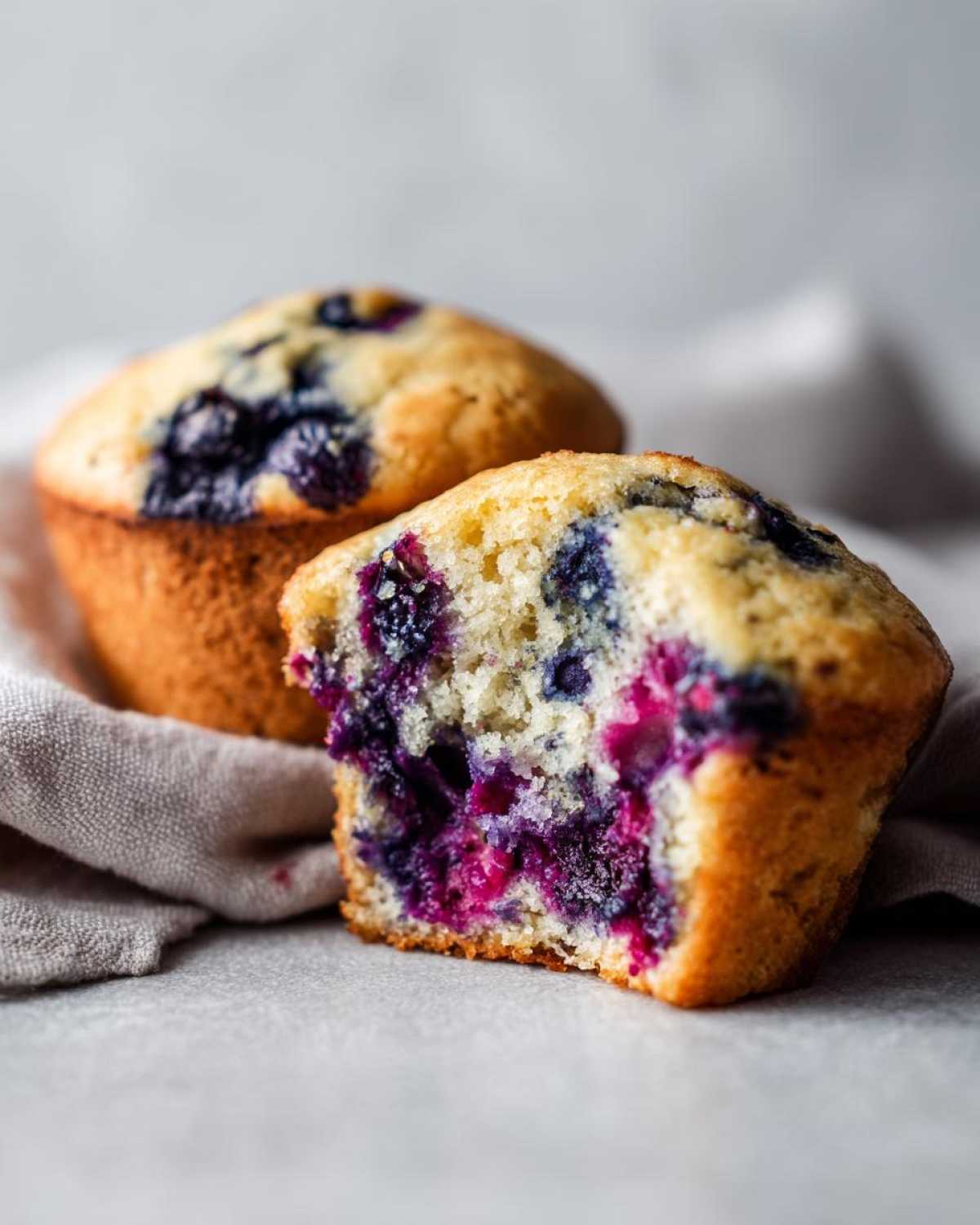 Close-up of a vegan blueberry muffin, with one muffin cut in half to reveal juicy blueberries inside.
