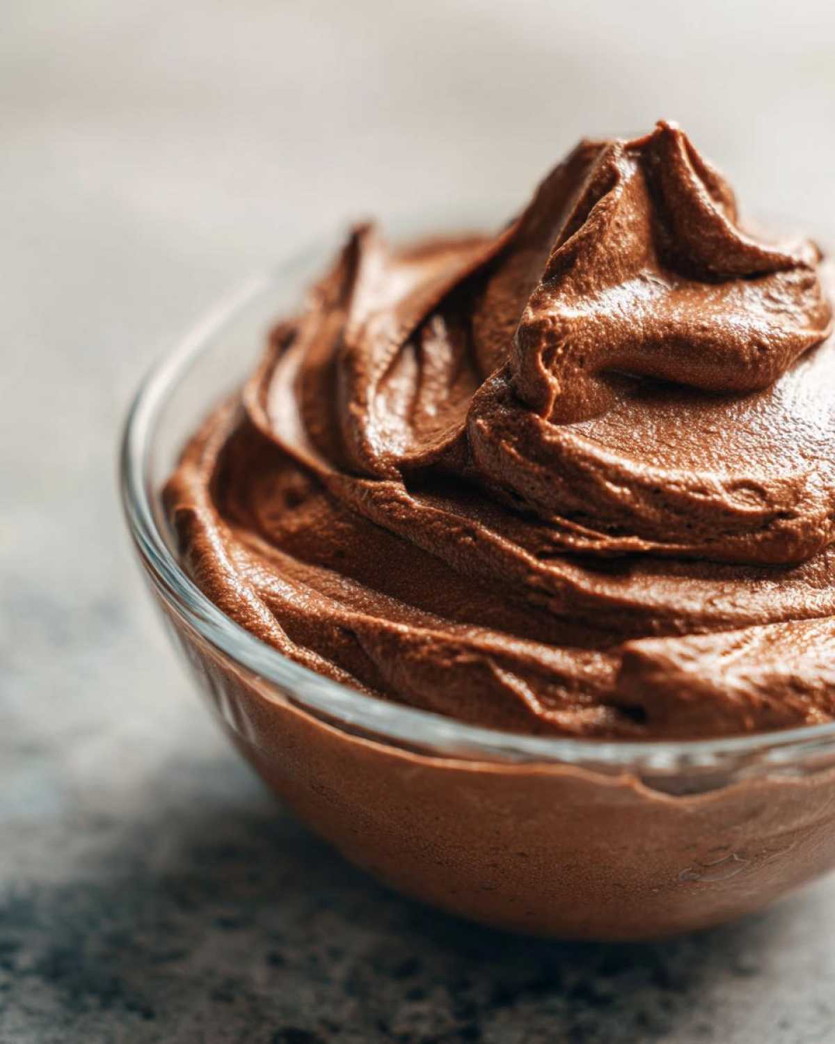 A close-up of rich, smooth Vegan Chocolate Avocado Mousse swirled in a glass bowl.