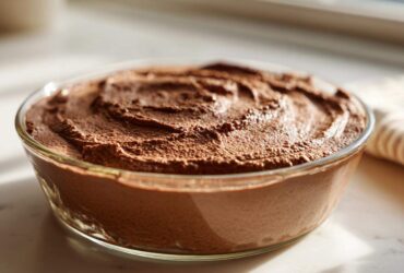 A close-up of a glass bowl filled with rich, creamy Vegan Chocolate Avocado Mousse.