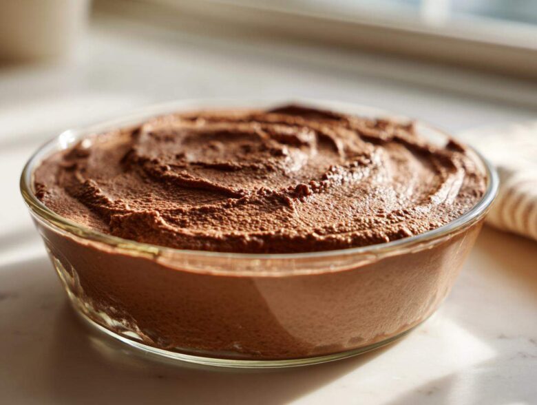 A close-up of a glass bowl filled with rich, creamy Vegan Chocolate Avocado Mousse.