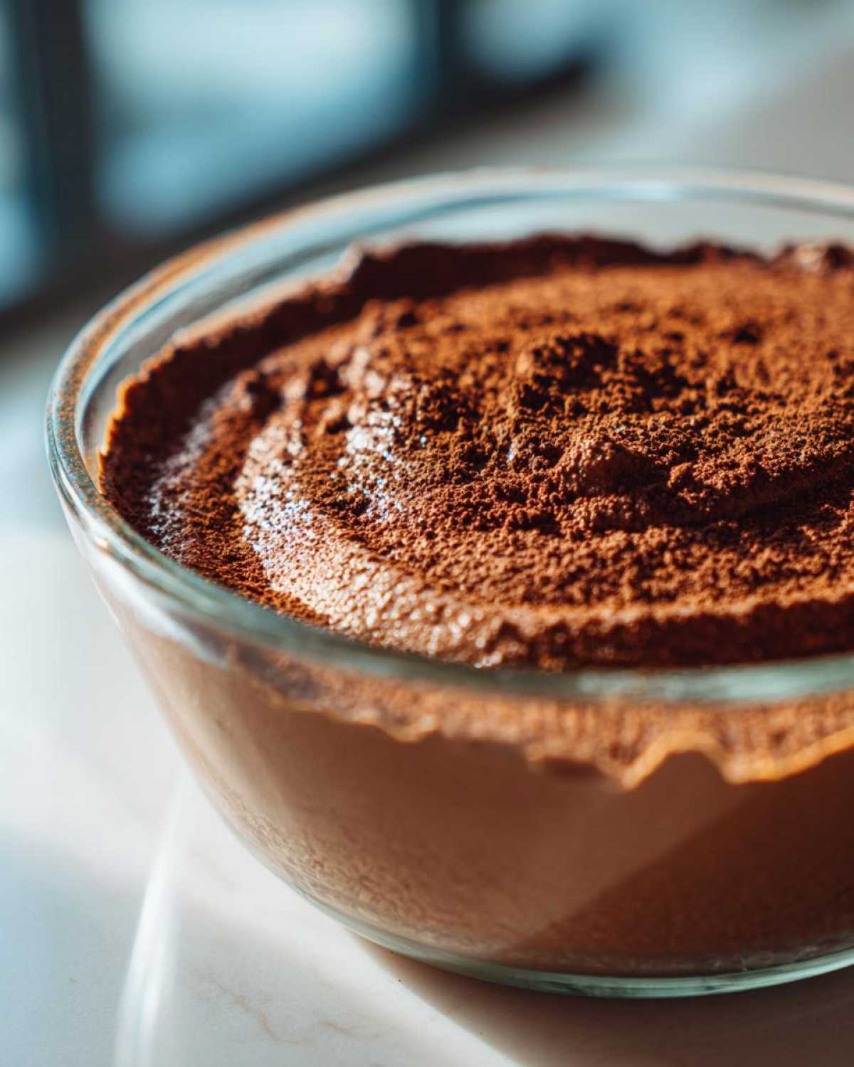 Close-up of a glass bowl filled with rich Vegan Chocolate Avocado Mousse, dusted with cocoa powder.