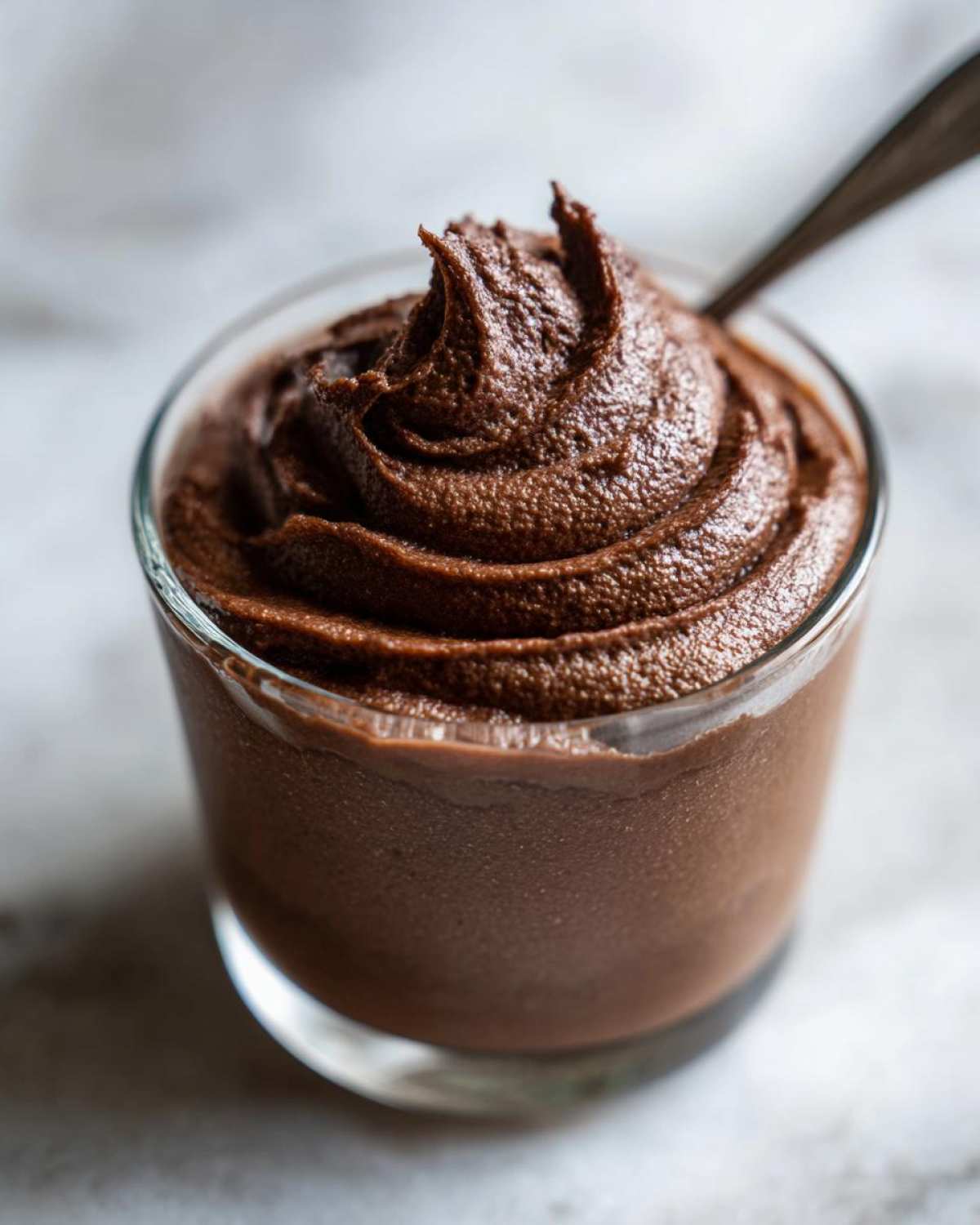A close-up of a glass filled with rich, dark Vegan Chocolate Avocado Mousse, swirled on top with a spoon resting in it.