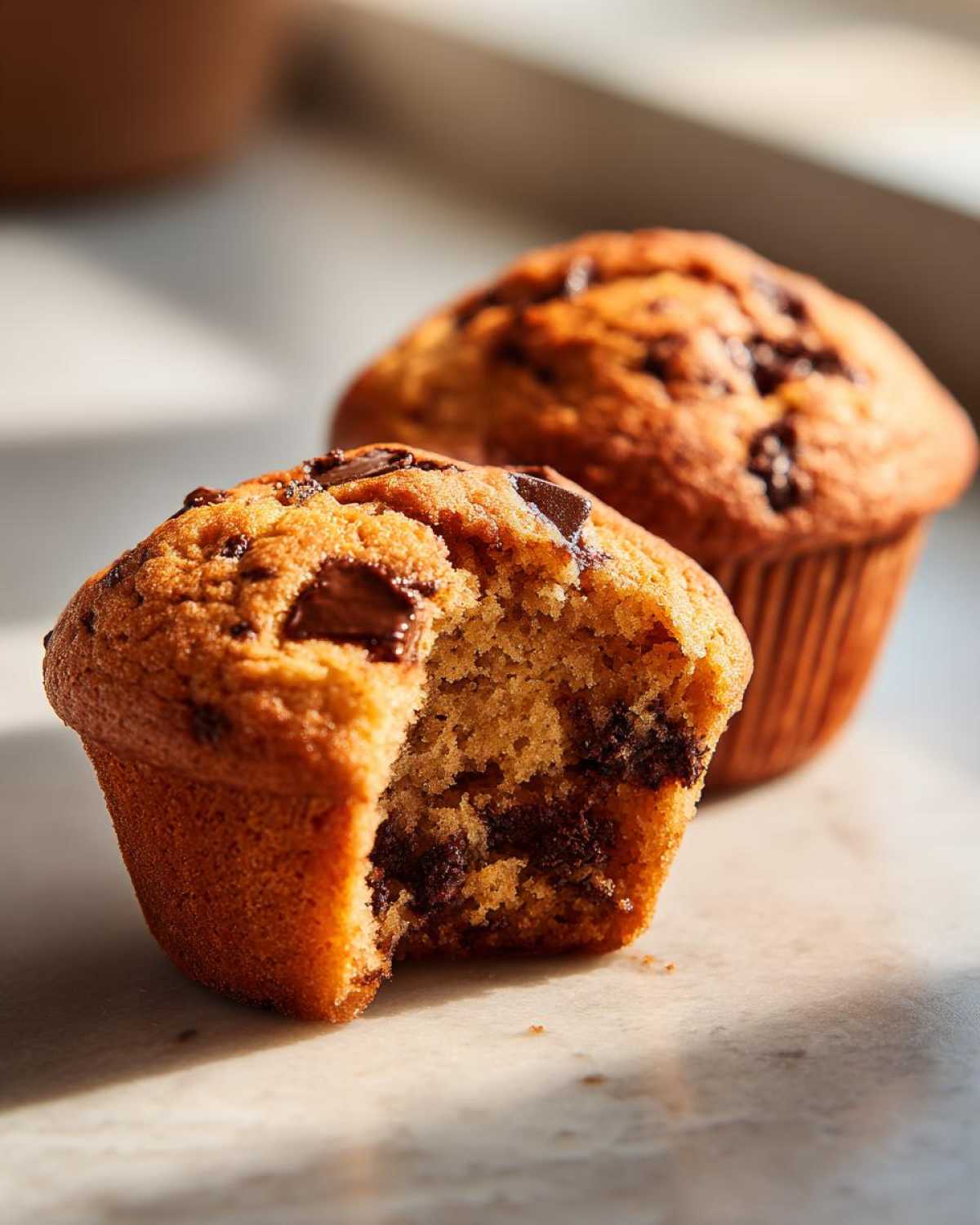 Close-up of a vegan chocolate chip muffin with a bite taken out, showing rich chocolate chips inside.