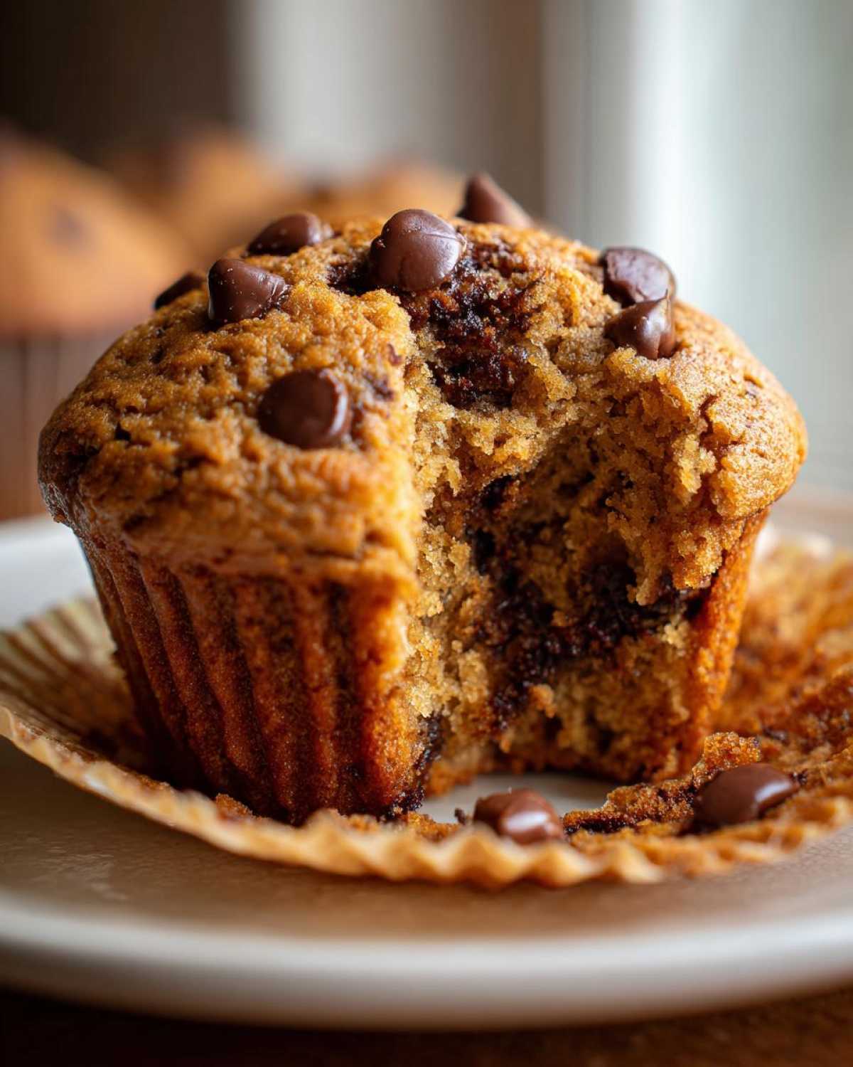 A close-up of a vegan chocolate chip muffin with a bite taken out, showing gooey chocolate chips inside.
