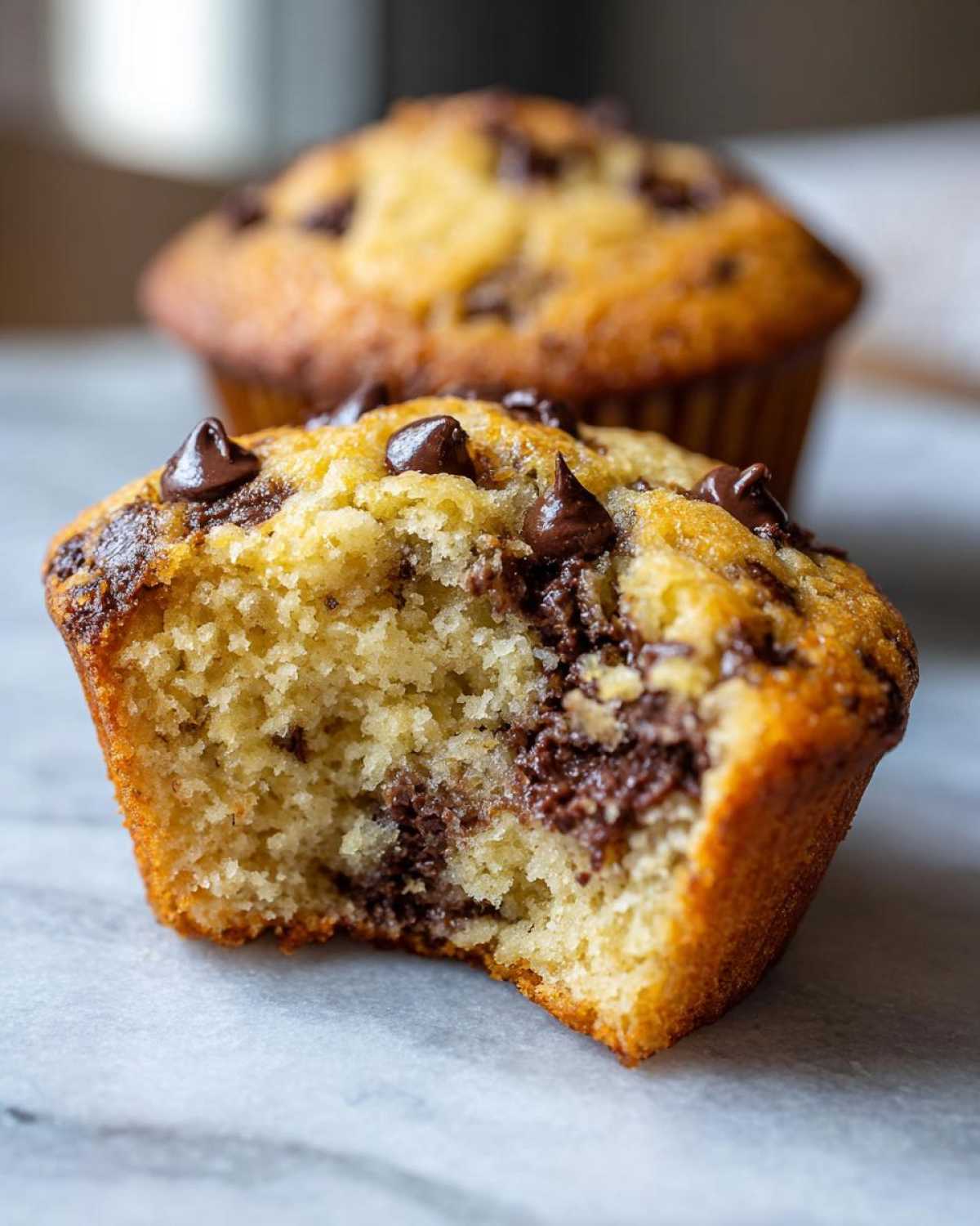A close-up of a vegan chocolate chip muffin with a bite taken out, revealing a moist interior and melted chocolate chips.