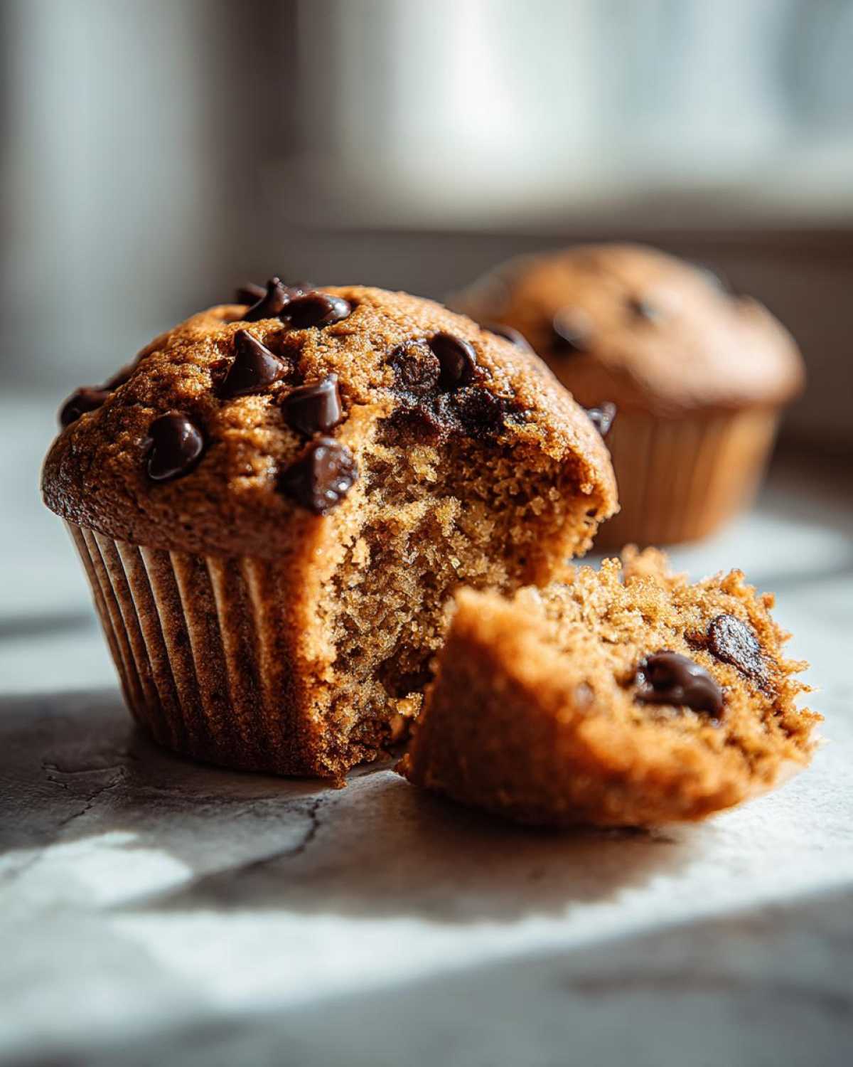 A close-up of a vegan chocolate chip muffin with a bite taken out, revealing a moist crumb and chocolate chips.