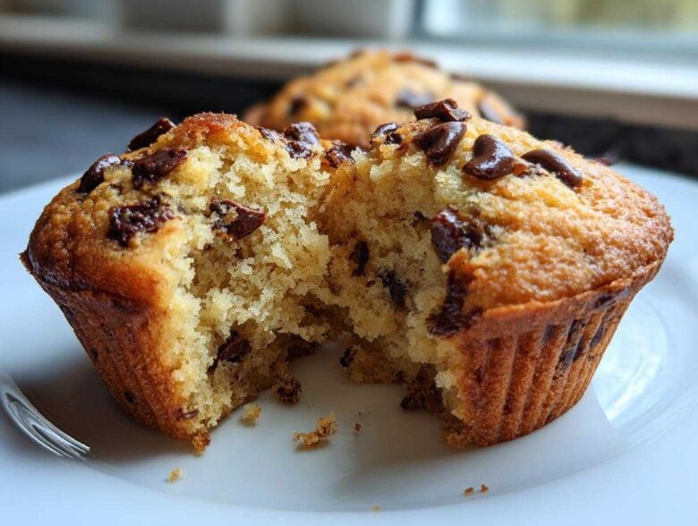 Close-up of a delicious vegan chocolate chip muffin, broken in half to reveal a fluffy interior dotted with chocolate chips.