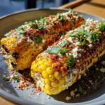 Close-up of three ears of grilled Vegan Mexican street corn, topped with creamy sauce, chili powder, and fresh cilantro.