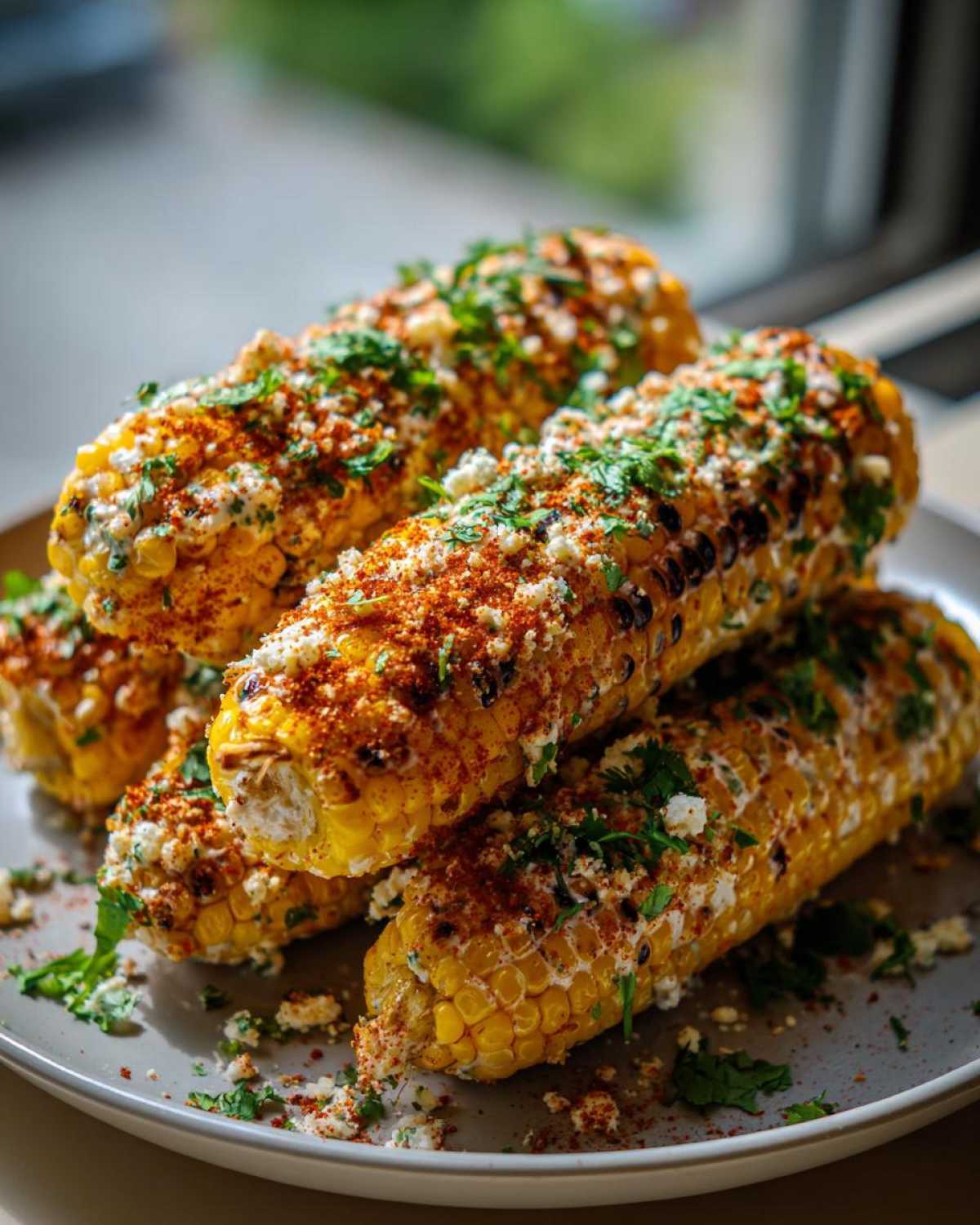 Close-up of Vegan Mexican street corn on a plate, topped with chili powder, vegan cheese, and cilantro.