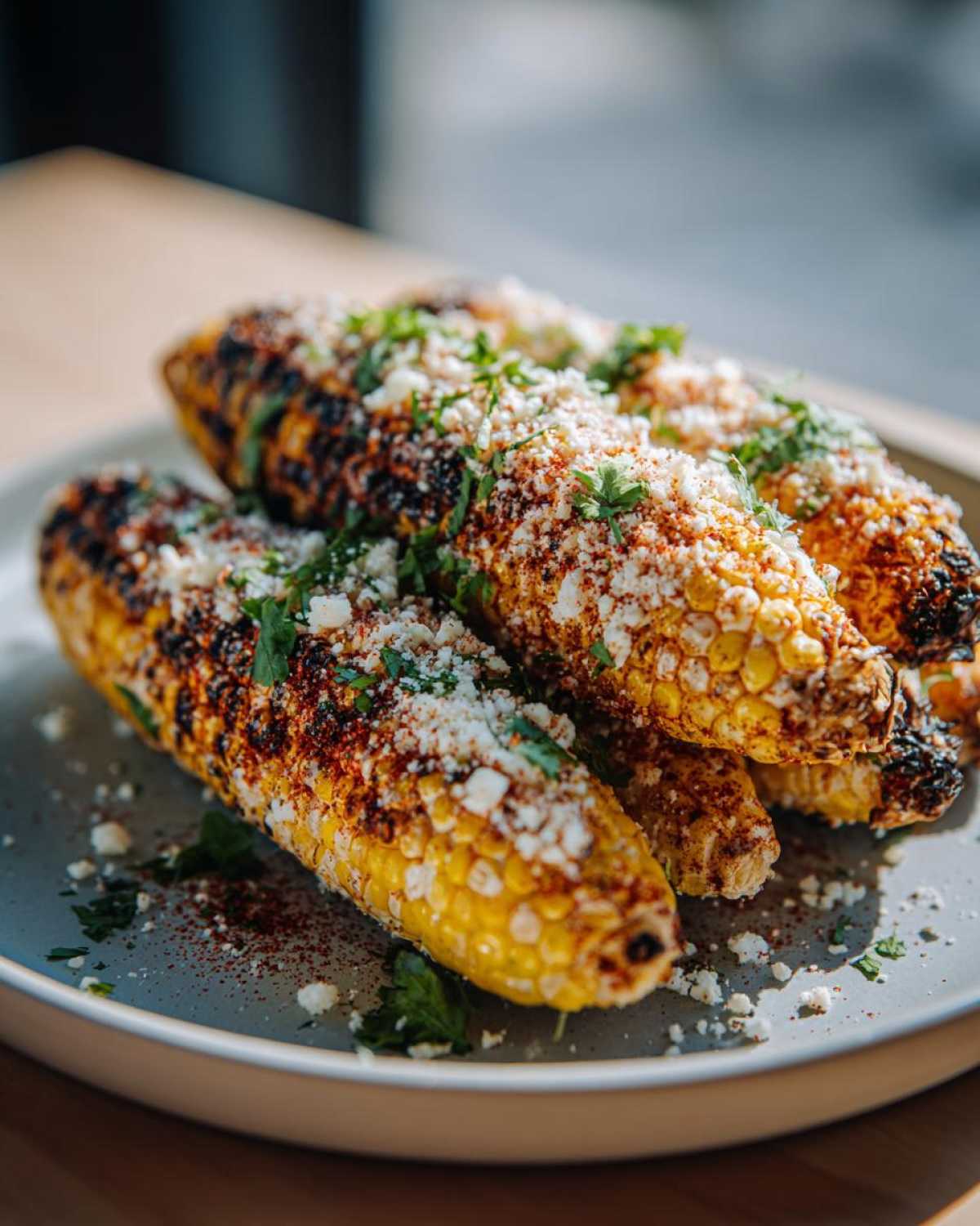 Close-up of grilled corn on the cob, topped with crumbled vegan cheese, chili powder, and cilantro for Vegan Mexican street corn.