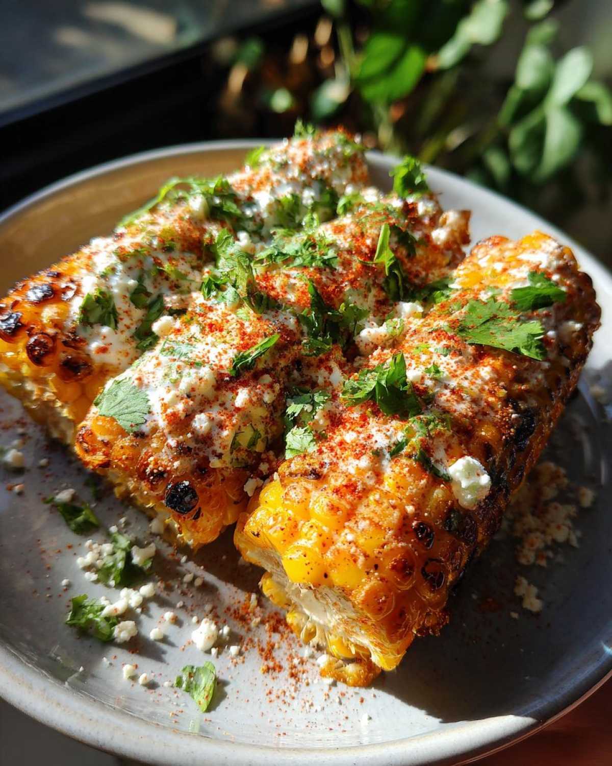 Close-up of three grilled corn cob sections, topped with creamy sauce, crumbled cheese, cilantro, and chili powder. Vegan Mexican street corn.