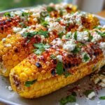 Close-up of grilled Vegan Mexican street corn topped with chili powder, vegan crema, and fresh cilantro.