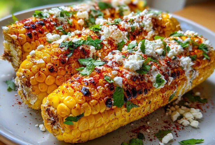 Close-up of grilled Vegan Mexican street corn topped with chili powder, vegan crema, and fresh cilantro.