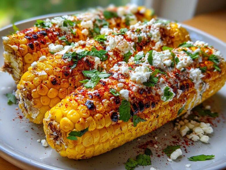 Close-up of grilled Vegan Mexican street corn topped with chili powder, vegan crema, and fresh cilantro.