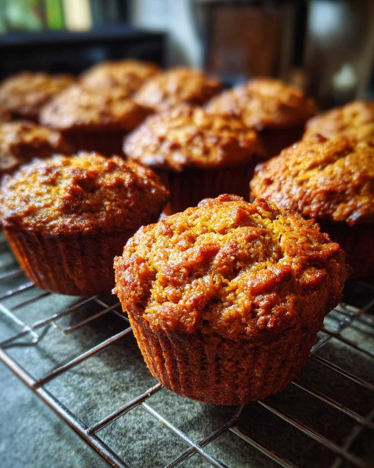 Close-up of freshly baked vegan protein muffins with a golden-brown crust, cooling on a wire rack.