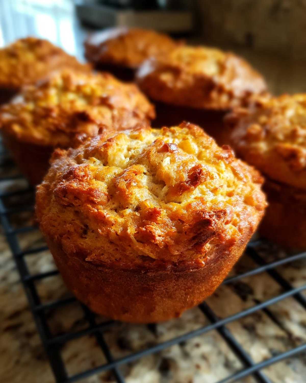 Close-up of golden-brown vegan protein muffins cooling on a black wire rack.