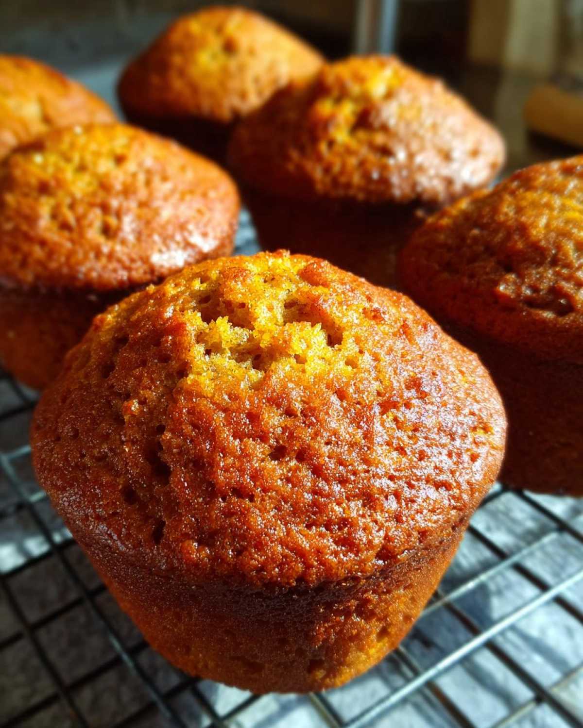Close-up of golden-brown vegan protein muffins cooling on a wire rack. The muffins have a slightly cracked, textured top.