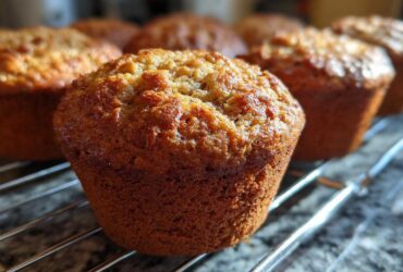 Close-up of golden-brown vegan protein muffins cooling on a wire rack, with more muffins blurred in the background.
