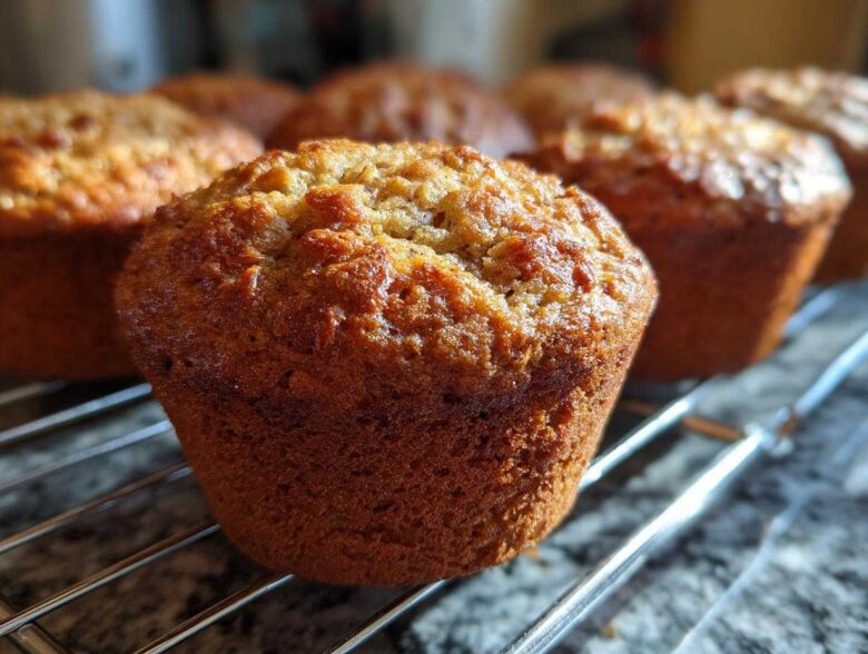 Close-up of golden-brown vegan protein muffins cooling on a wire rack, with more muffins blurred in the background.