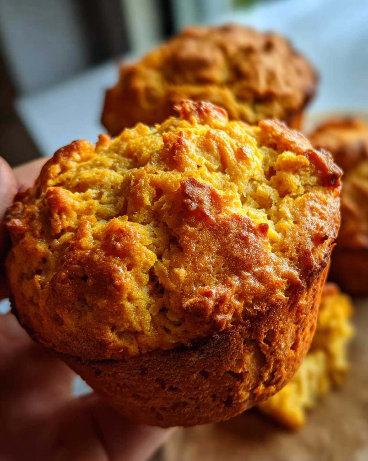 A hand holding a golden-brown vegan protein muffin with a slightly crumbly texture.