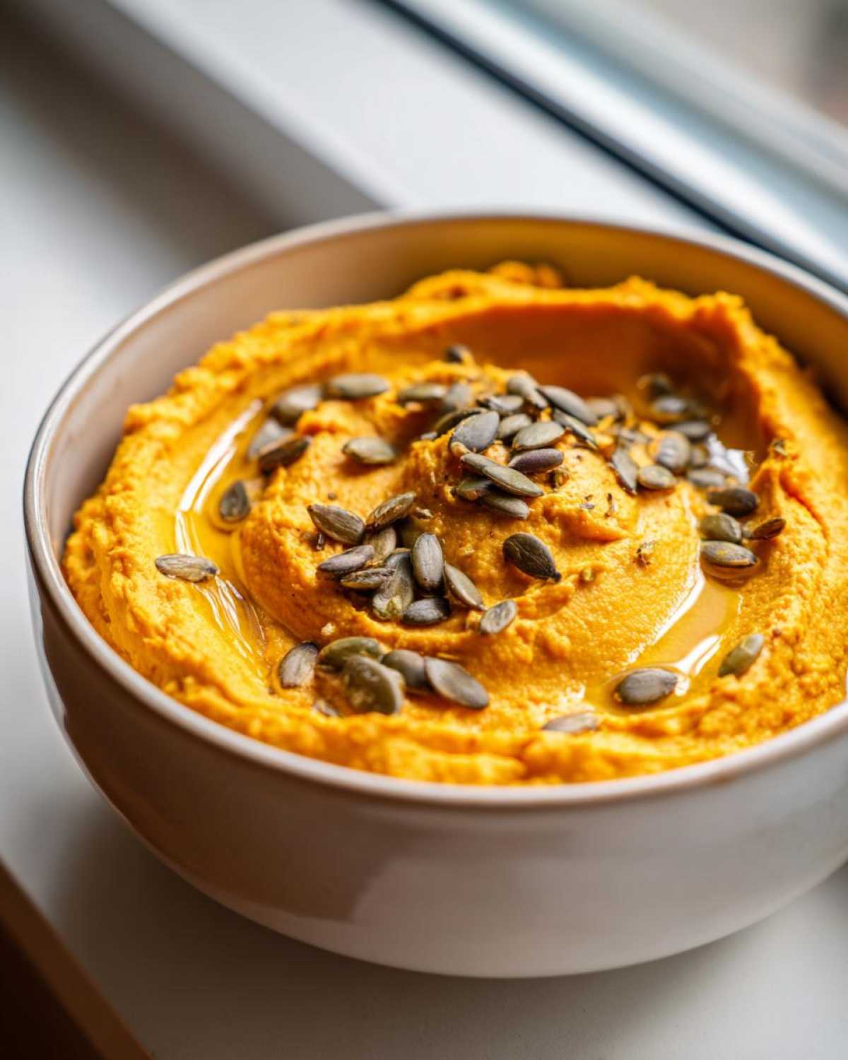 A bowl of creamy Vegan Pumpkin Hummus topped with pumpkin seeds and a drizzle of olive oil.