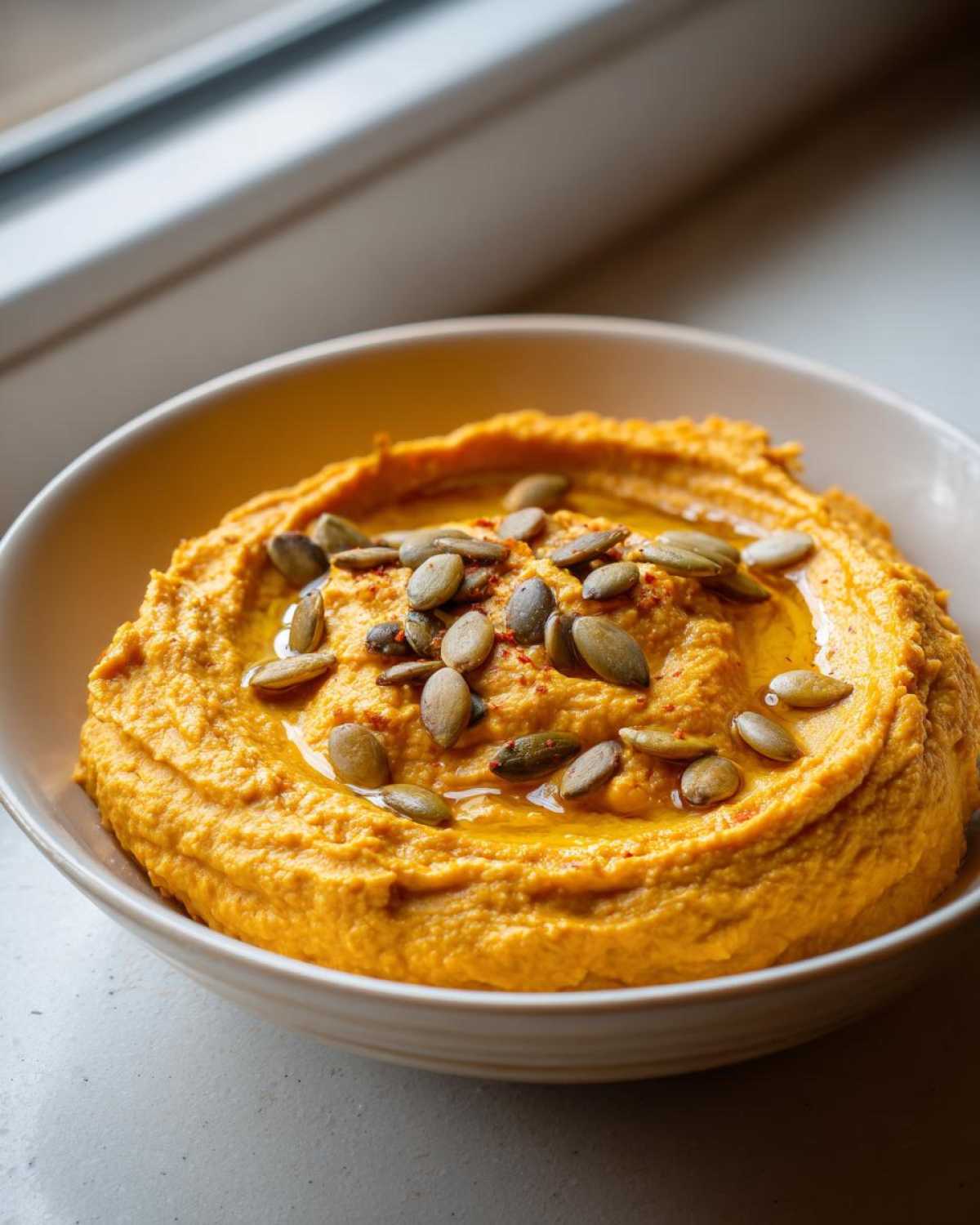 A bowl of creamy Vegan Pumpkin Hummus topped with pumpkin seeds and a drizzle of oil.
