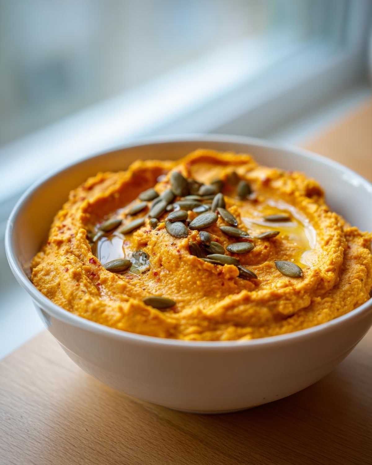 A bowl of creamy Vegan Pumpkin Hummus topped with pumpkin seeds and a drizzle of oil.