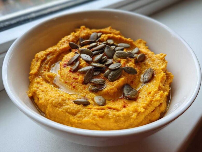 A bowl of creamy Vegan Pumpkin Hummus topped with pumpkin seeds and a sprinkle of paprika.