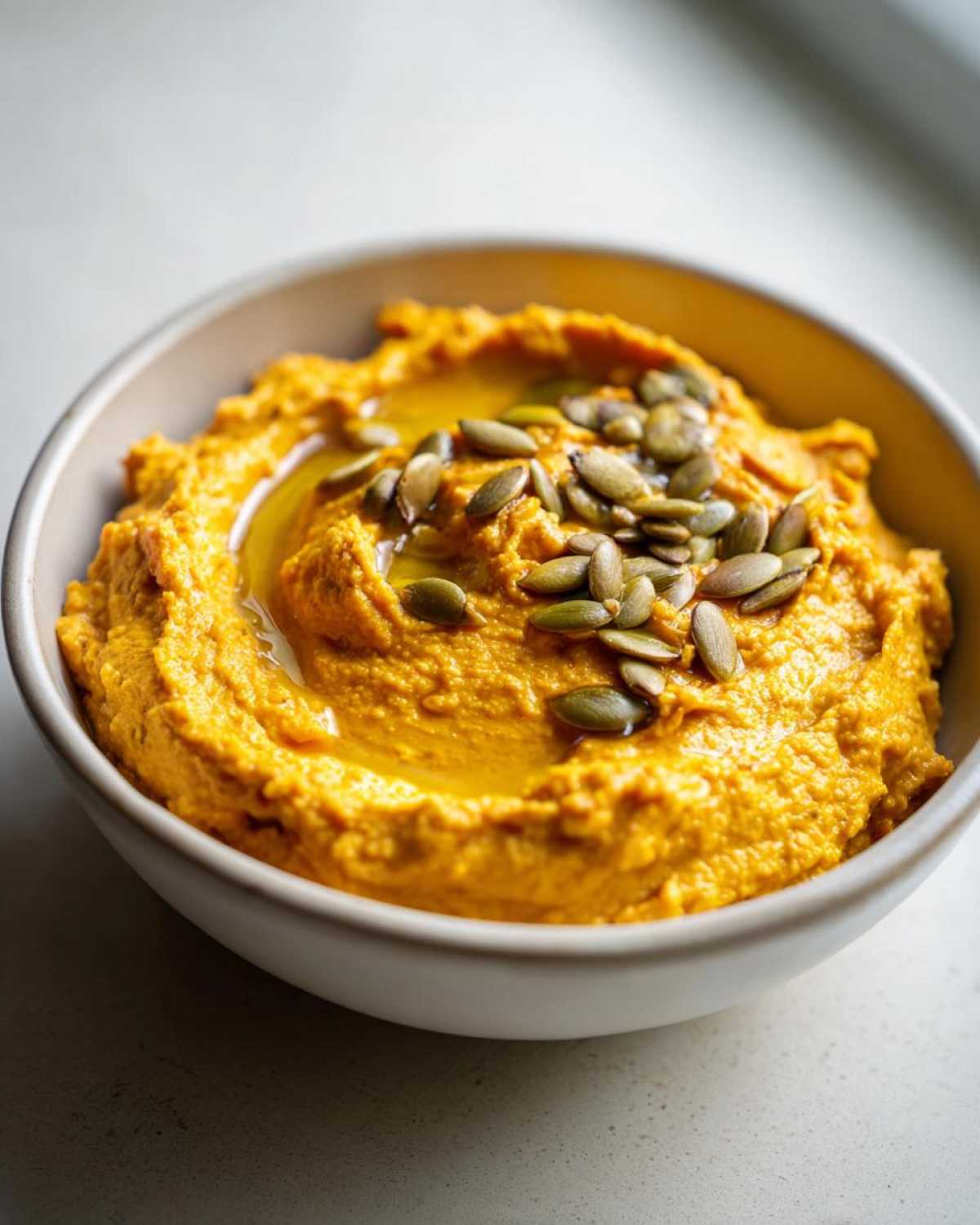 Close-up of creamy Vegan Pumpkin Hummus topped with pumpkin seeds and olive oil in a bowl.