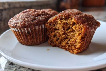 Close-up of two delicious vegan pumpkin muffins on a white plate, one is bitten into.
