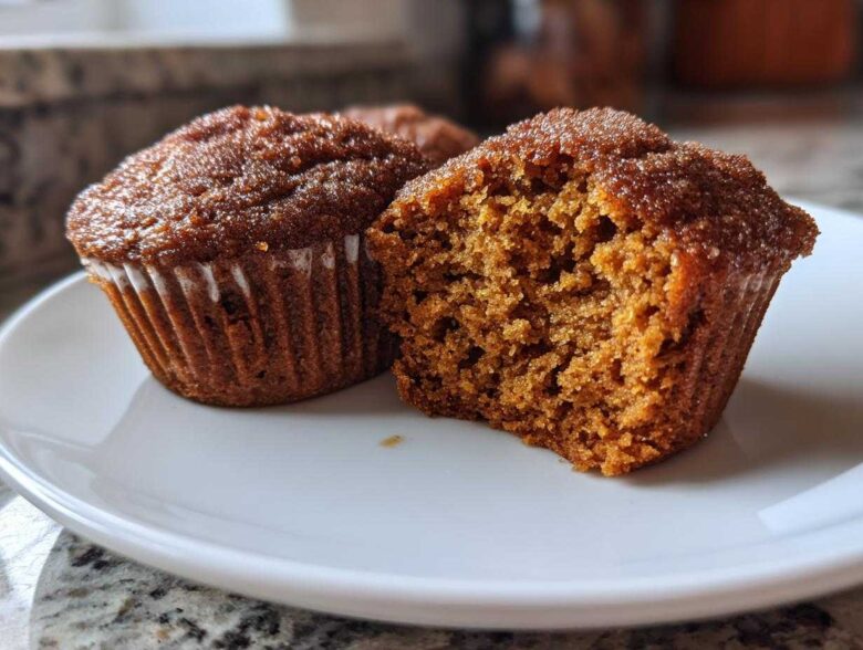 Close-up of two delicious vegan pumpkin muffins on a white plate, one is bitten into.
