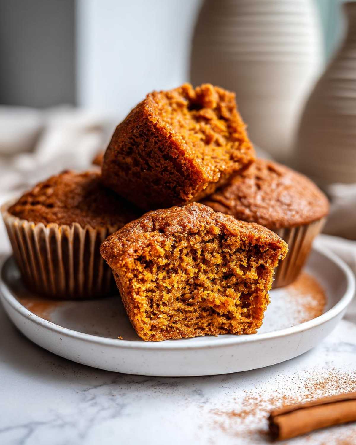 A close-up of moist vegan pumpkin muffins, with one muffin split in half to reveal the fluffy interior.
