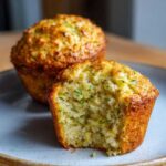 Close-up of two golden-brown vegan zucchini muffins on a grey plate, one with a bite taken out, revealing the moist interior.