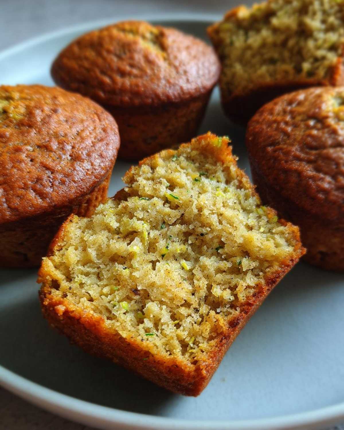 Close-up of a halved vegan zucchini muffin showing its moist texture and flecks of zucchini.