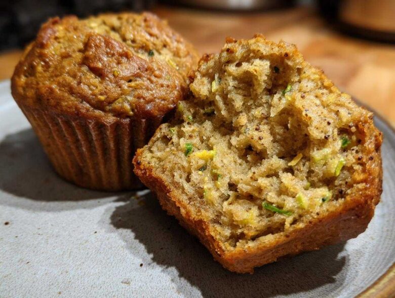Close-up of two vegan zucchini muffins on a plate, one is broken in half revealing the moist interior with shredded zucchini.