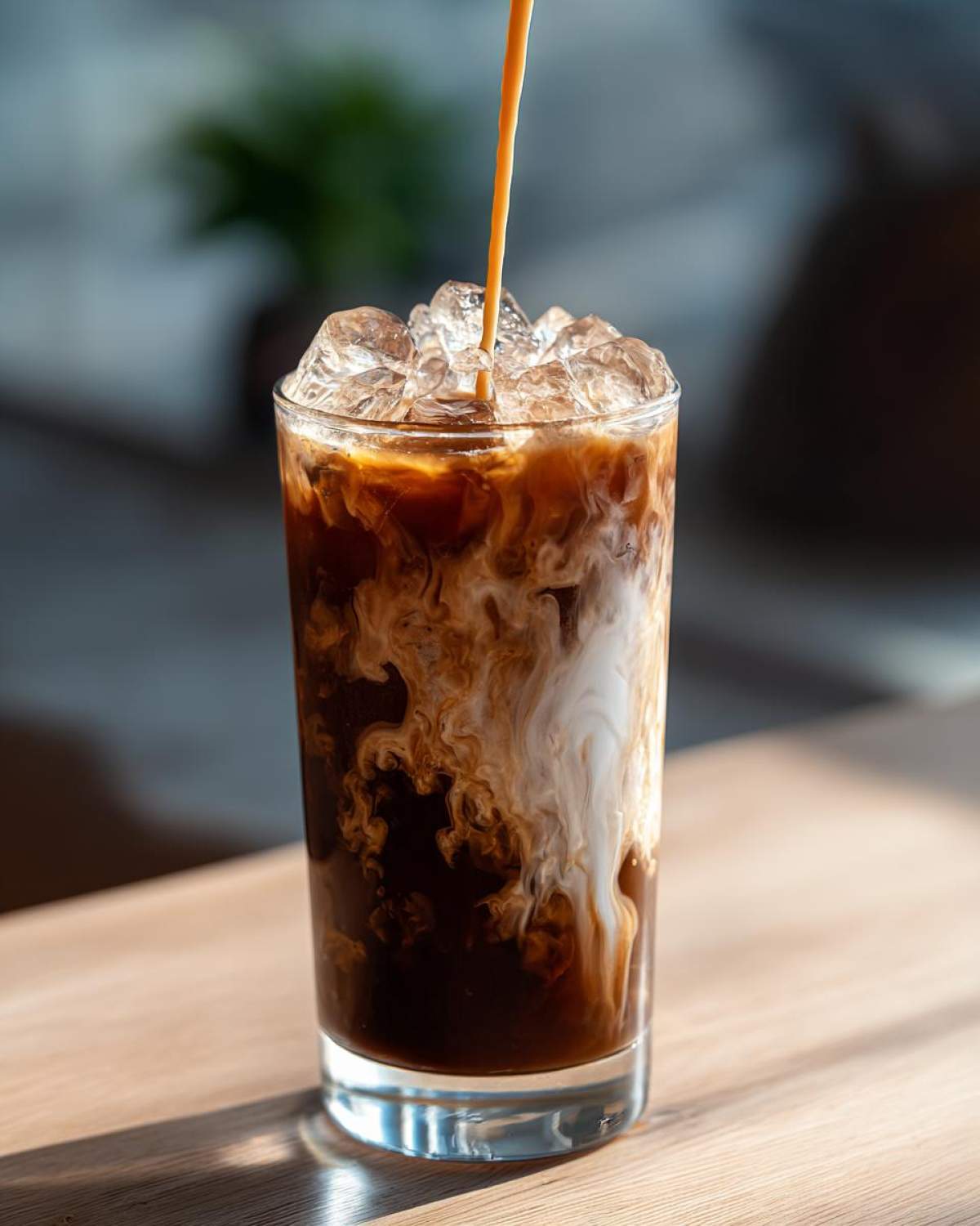 A tall glass filled with ice and dark coffee, with cream being poured in, creating a beautiful swirl pattern. Vietnamese Iced Coffee.
