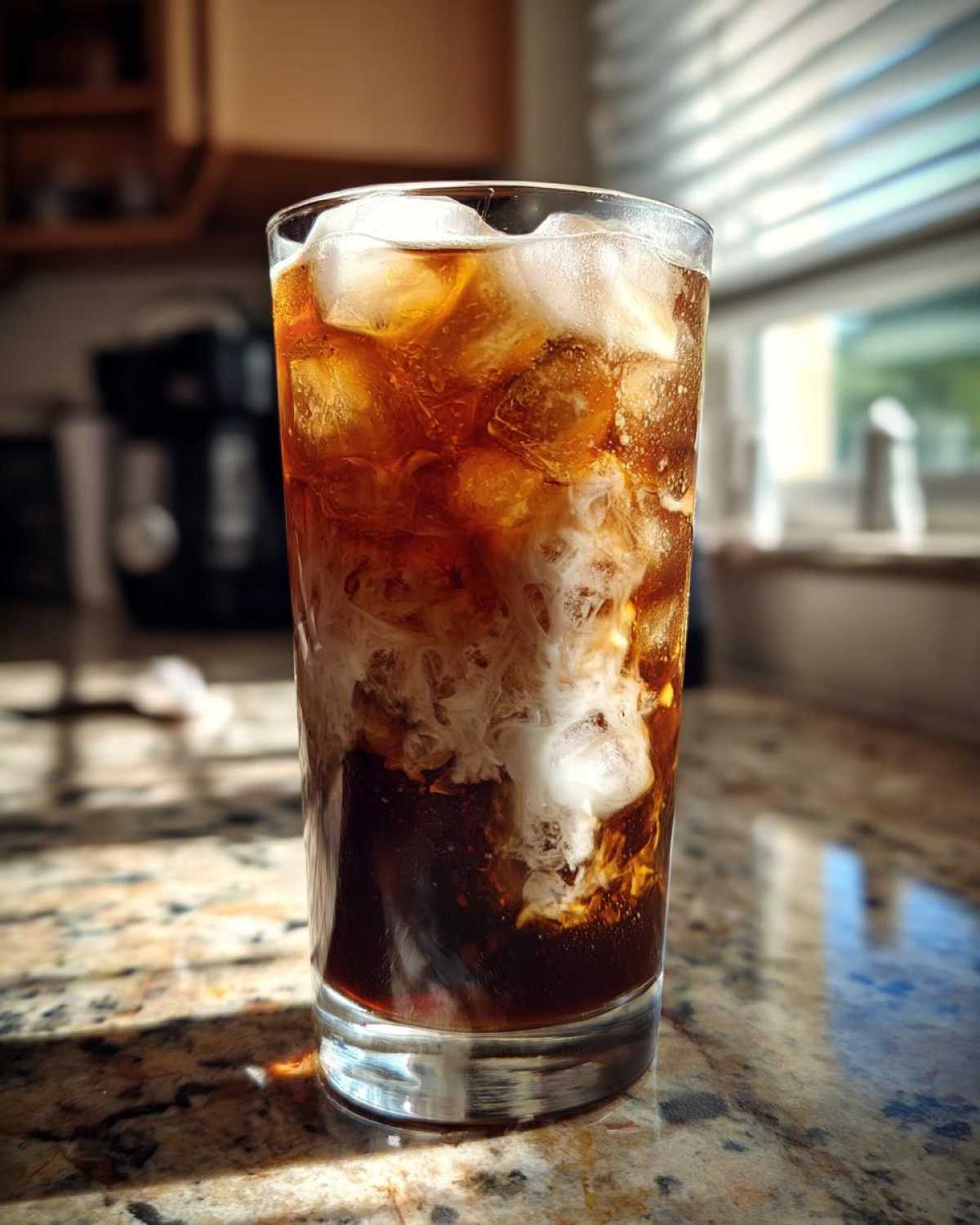 A tall glass filled with Vietnamese Iced Coffee, ice, and a swirl of cream.