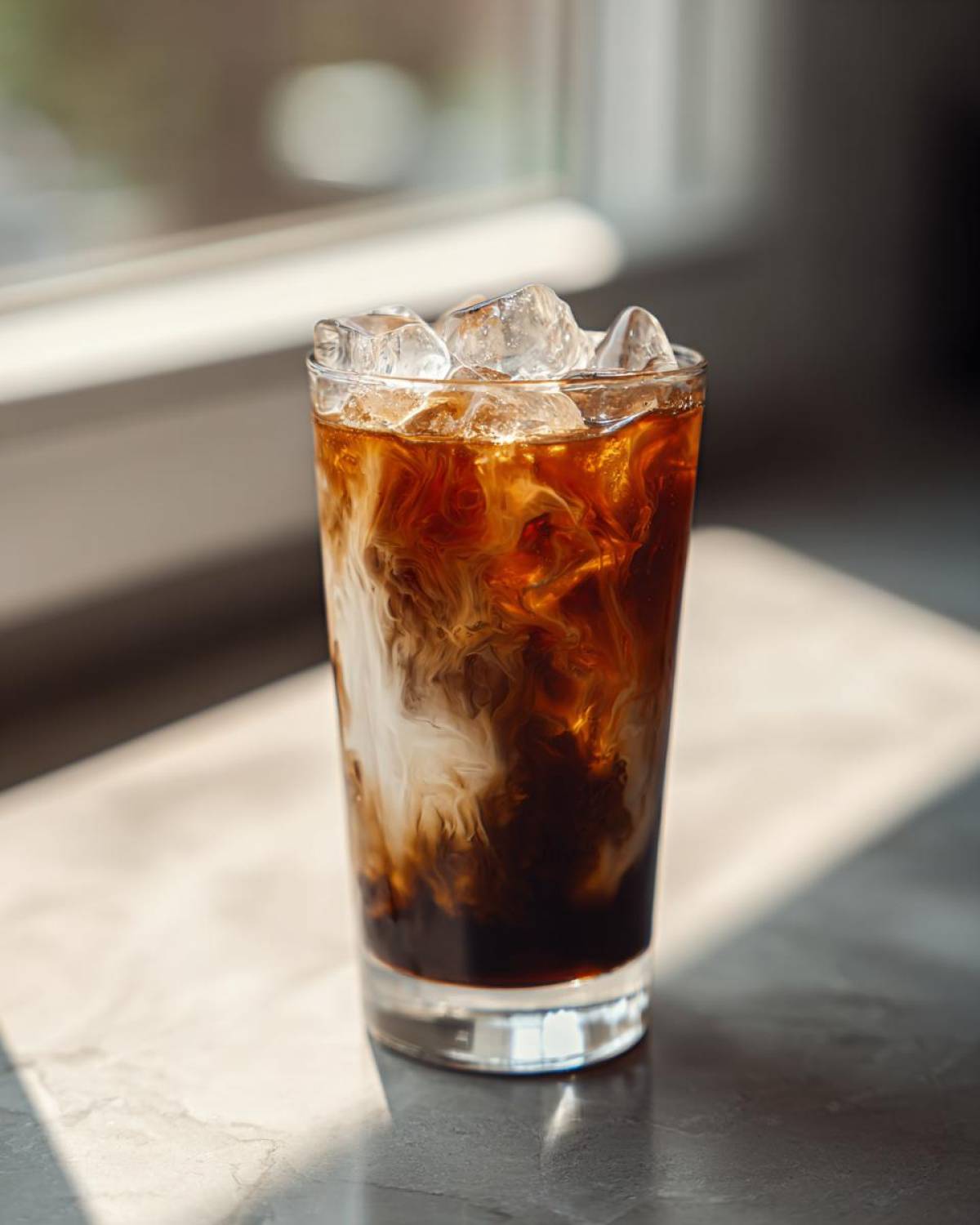 A tall glass filled with Vietnamese Iced Coffee, showing creamy swirls of milk mixing with dark coffee over ice.