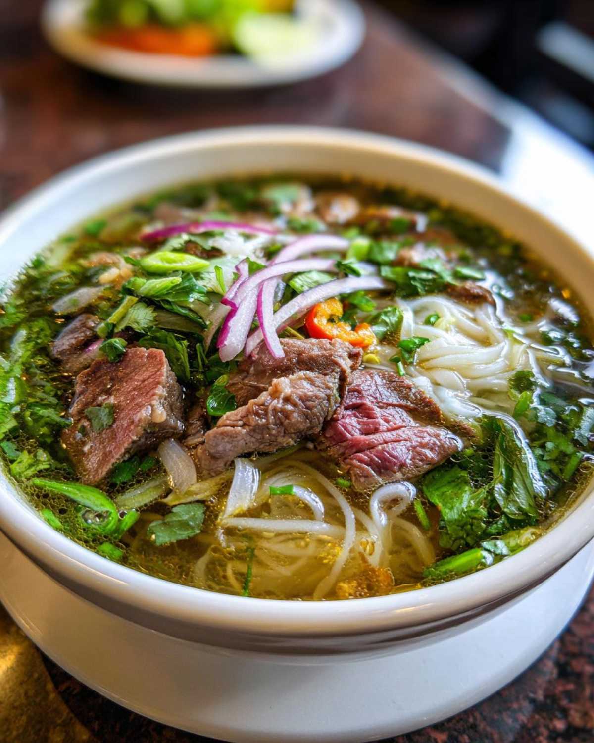Close-up of a steaming bowl of Vietnamese Pho Soup with tender beef slices, rice noodles, fresh cilantro, and red onion.