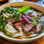 A close-up of a steaming bowl of Vietnamese Pho Soup, featuring tender slices of beef, rice noodles, fresh herbs, bean sprouts, and red onion.