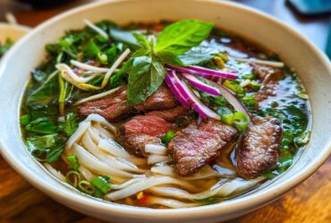 A close-up of a steaming bowl of Vietnamese Pho Soup, featuring tender slices of beef, rice noodles, fresh herbs, bean sprouts, and red onion.