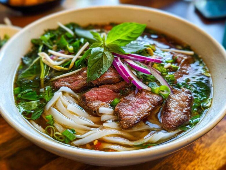 A close-up of a steaming bowl of Vietnamese Pho Soup, featuring tender slices of beef, rice noodles, fresh herbs, bean sprouts, and red onion.
