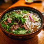 A close-up of a steaming bowl of Vietnamese Pho Soup, featuring tender beef slices, rice noodles, fresh mint, bean sprouts, lime, and red onion.