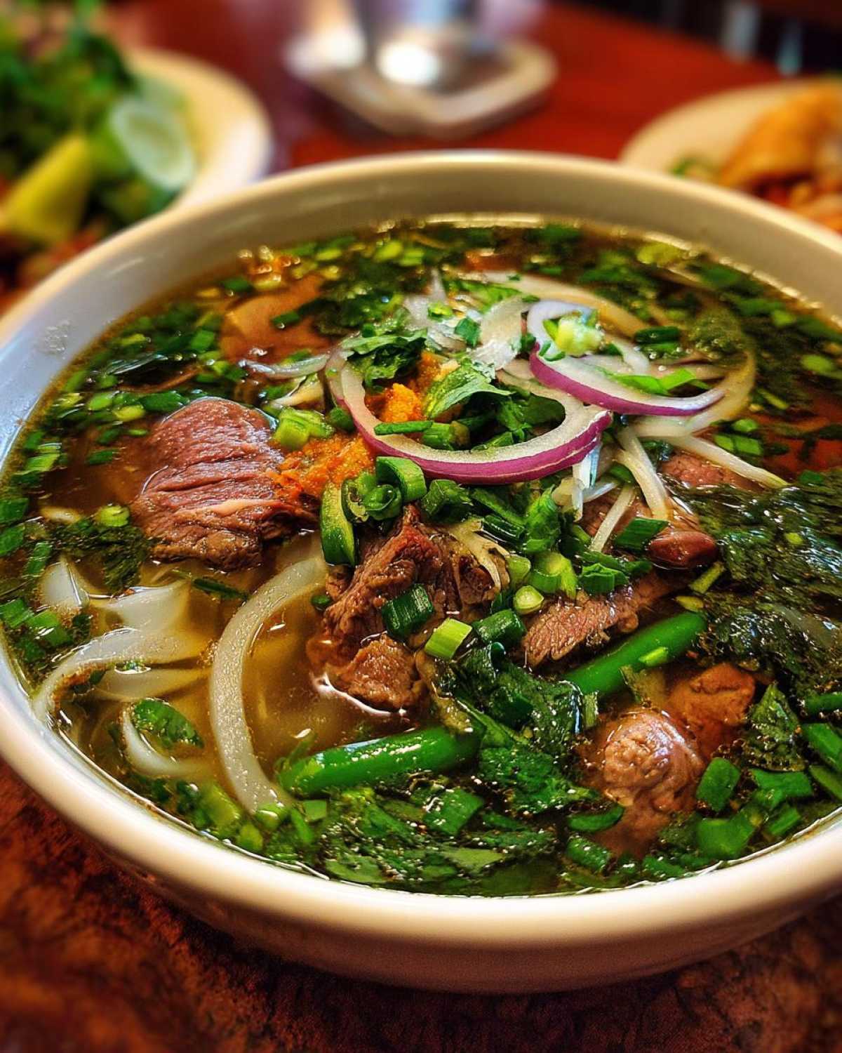 A close-up of a steaming bowl of Vietnamese Pho Soup, featuring tender beef slices, rice noodles, fresh green onions, cilantro, and red onion.