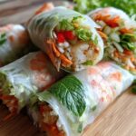 A close-up of several Vietnamese Rice Paper Spring Rolls filled with shrimp, rice, shredded carrots, lettuce, and mint.