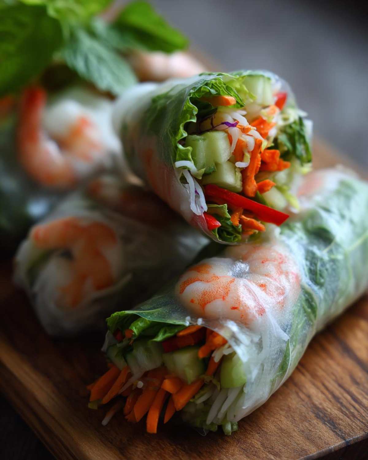 Close-up of fresh Vietnamese Rice Paper Spring Rolls filled with shrimp, lettuce, carrots, cucumber, and red pepper.