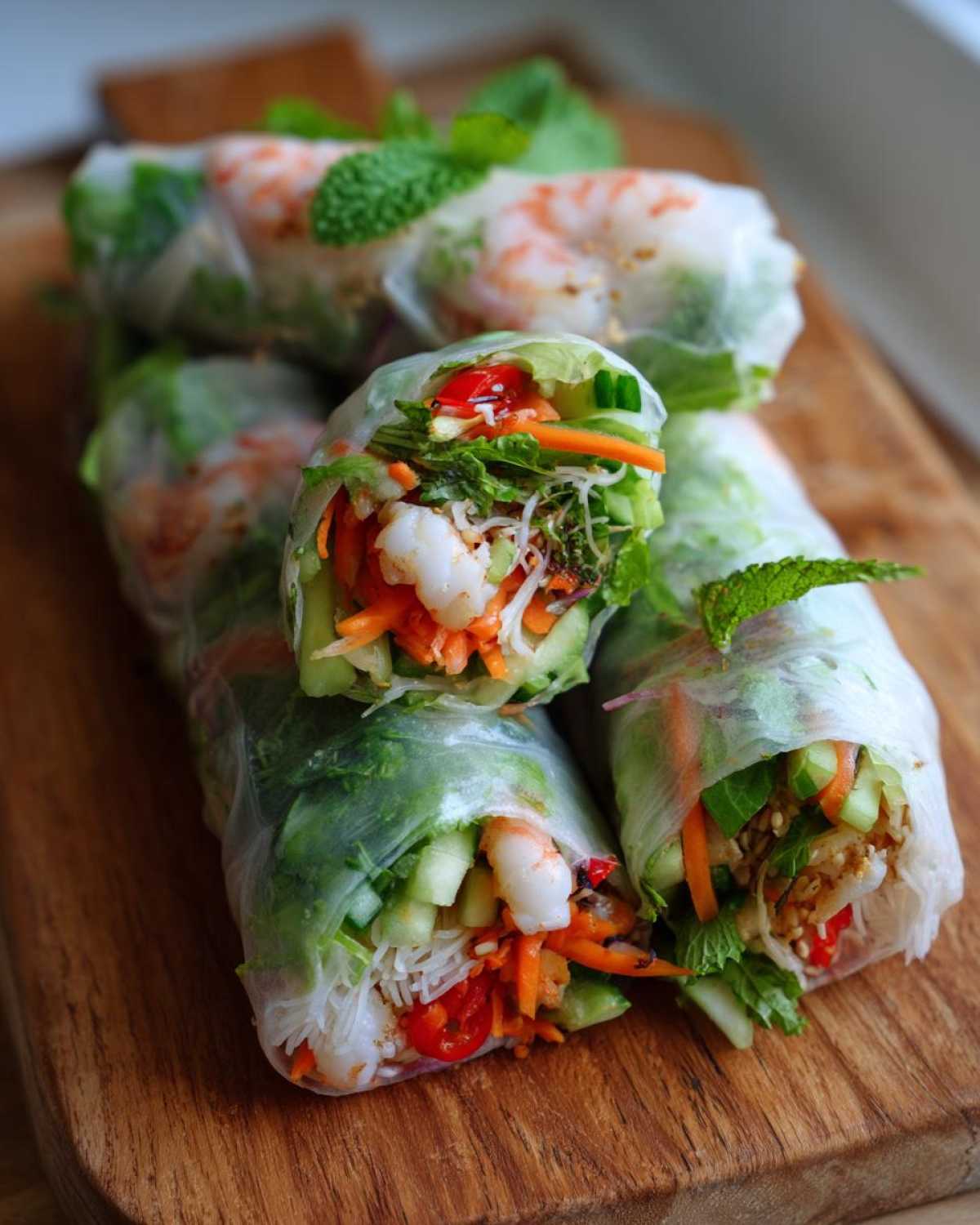 A close-up of fresh Vietnamese Rice Paper Spring Rolls filled with shrimp, vegetables, and noodles, garnished with mint.