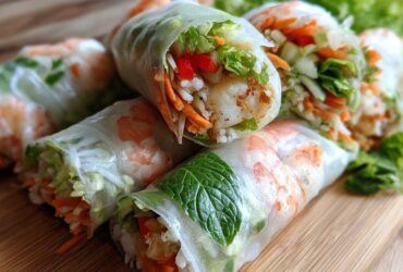 A close-up of several Vietnamese Rice Paper Spring Rolls filled with shrimp, rice, shredded carrots, lettuce, and mint.