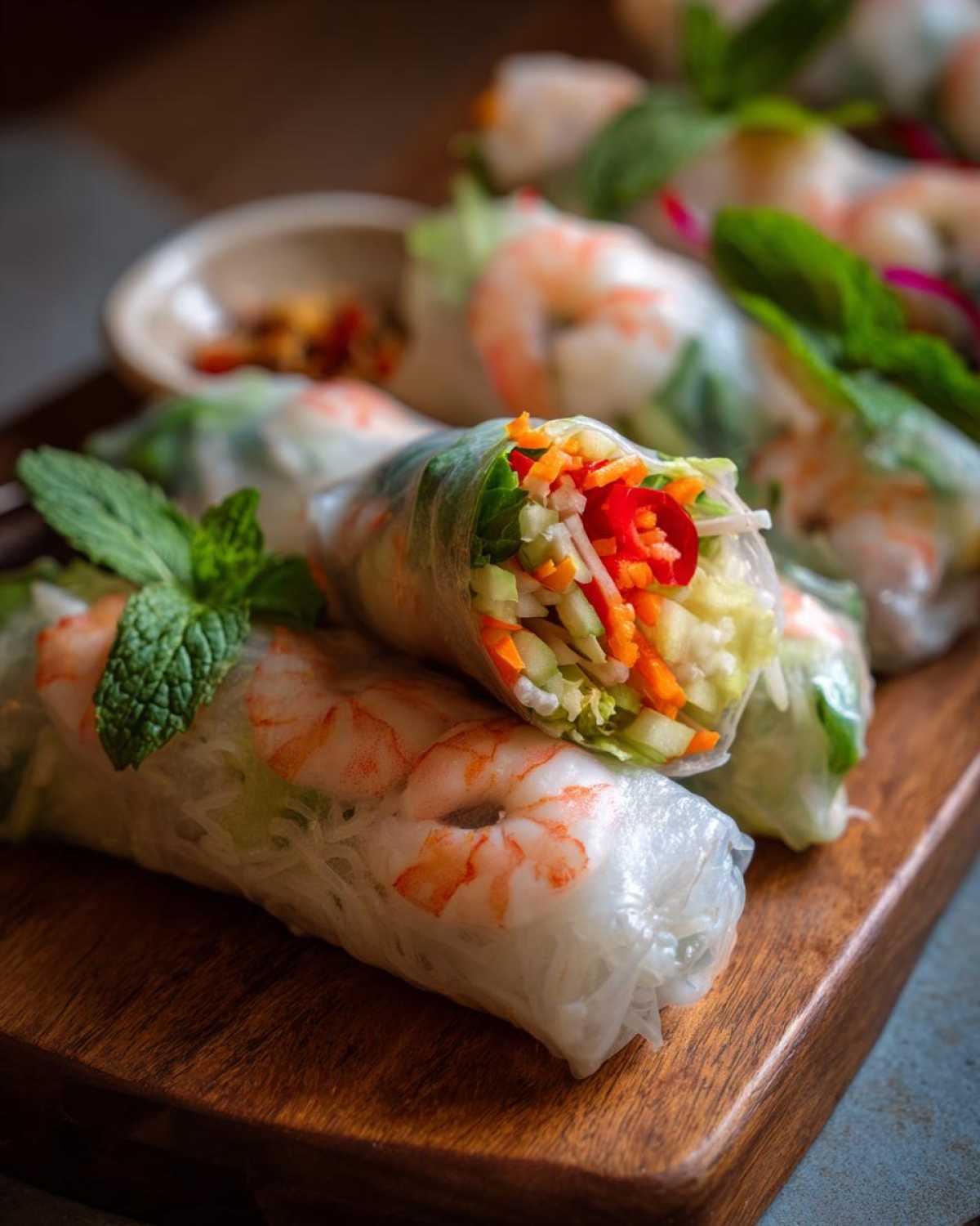 Close-up of fresh Vietnamese Rice Paper Spring Rolls filled with shrimp, vegetables, and mint.